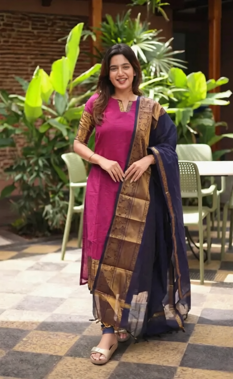 Premium Kanchi Cotton Rani V-Neck Kurti Set