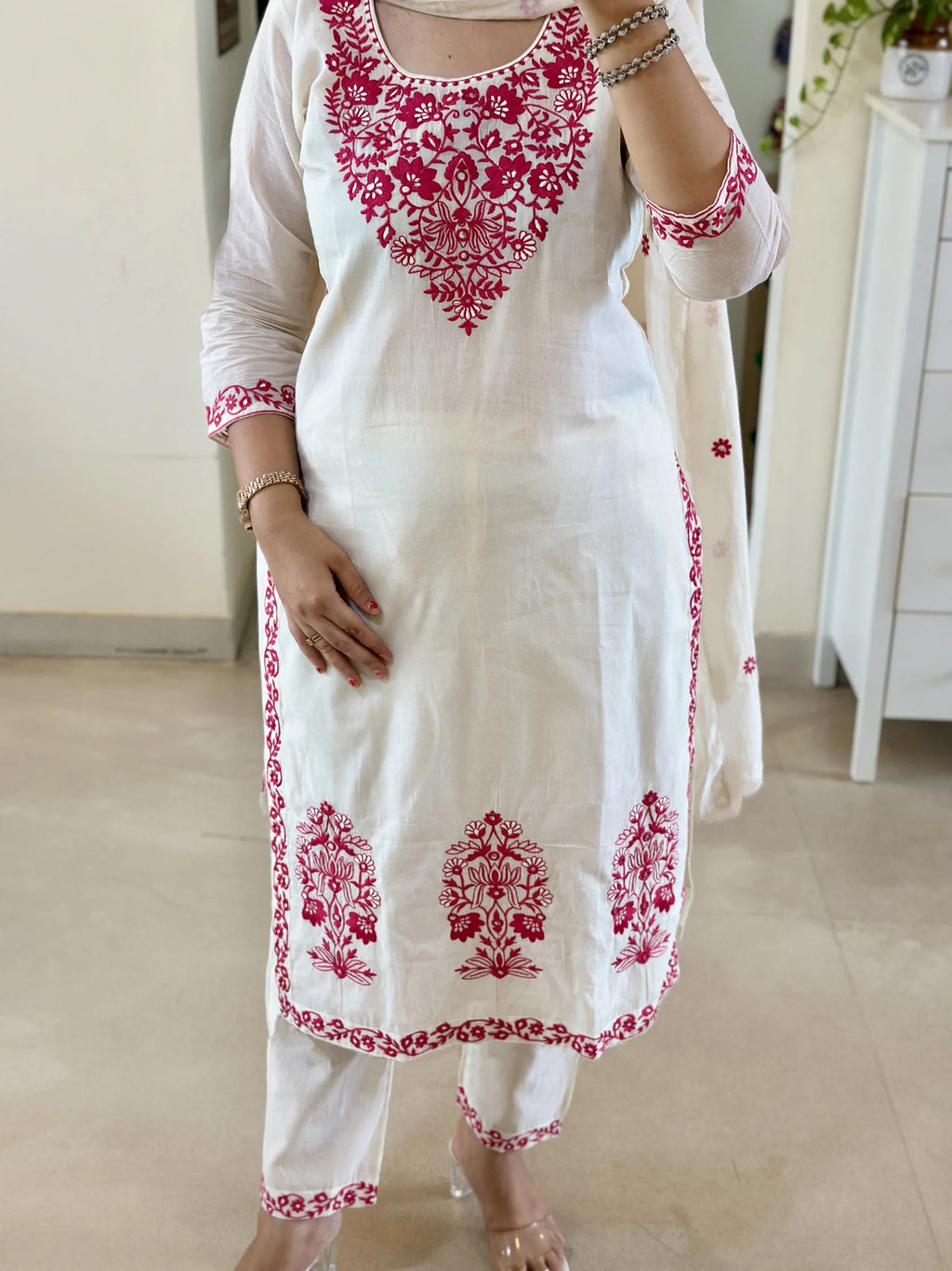 Off White Embroidered Tesla Kurta Set with Vichitra Dupatta