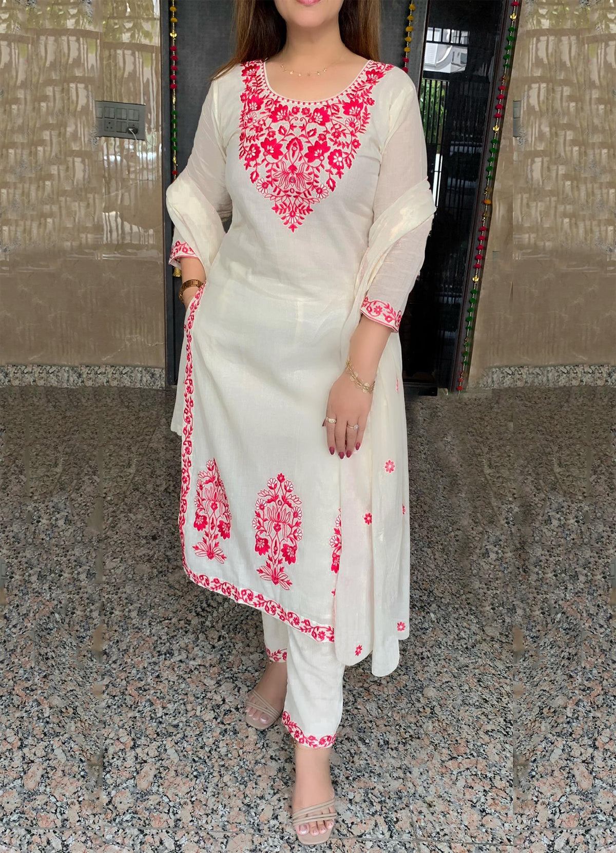 Off White Embroidered Tesla Kurta Set with Vichitra Dupatta