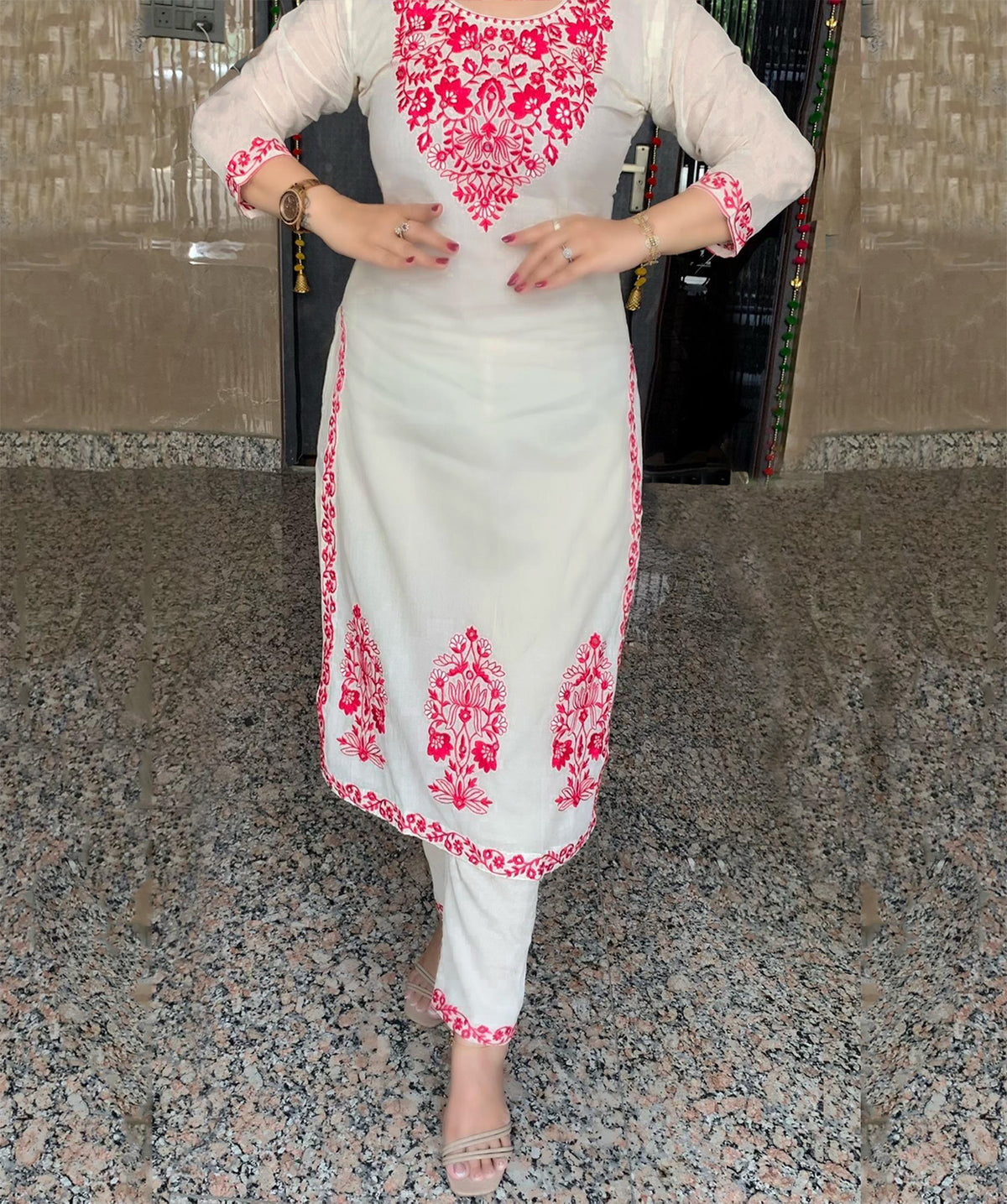 Off White Embroidered Tesla Kurta Set with Vichitra Dupatta