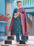 Blue Silk Jacquard Kurti Pant Dupatta Set for Women
