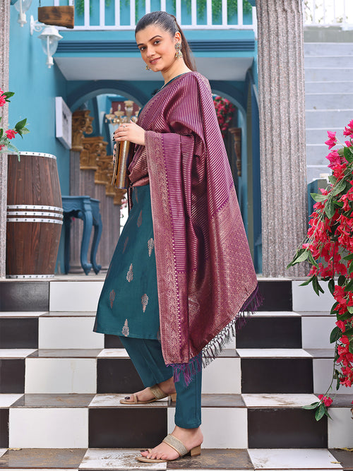 Blue Silk Jacquard Kurti Pant Dupatta Set for Women