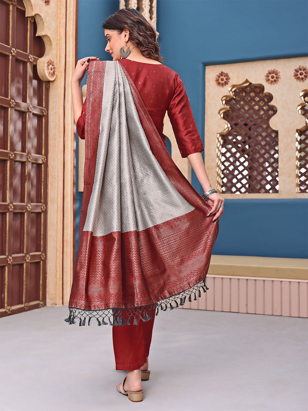Maroon Silk Jacquard Woven Kurta Pant Dupatta Set for Women
