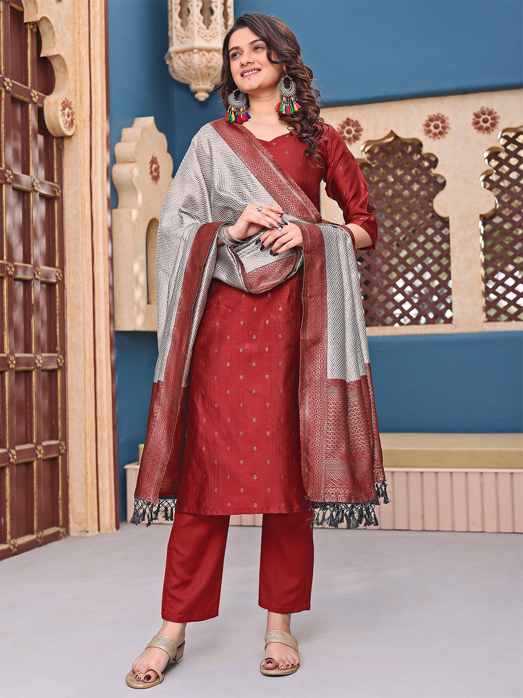 Maroon Silk Jacquard Woven Kurta Pant Dupatta Set for Women