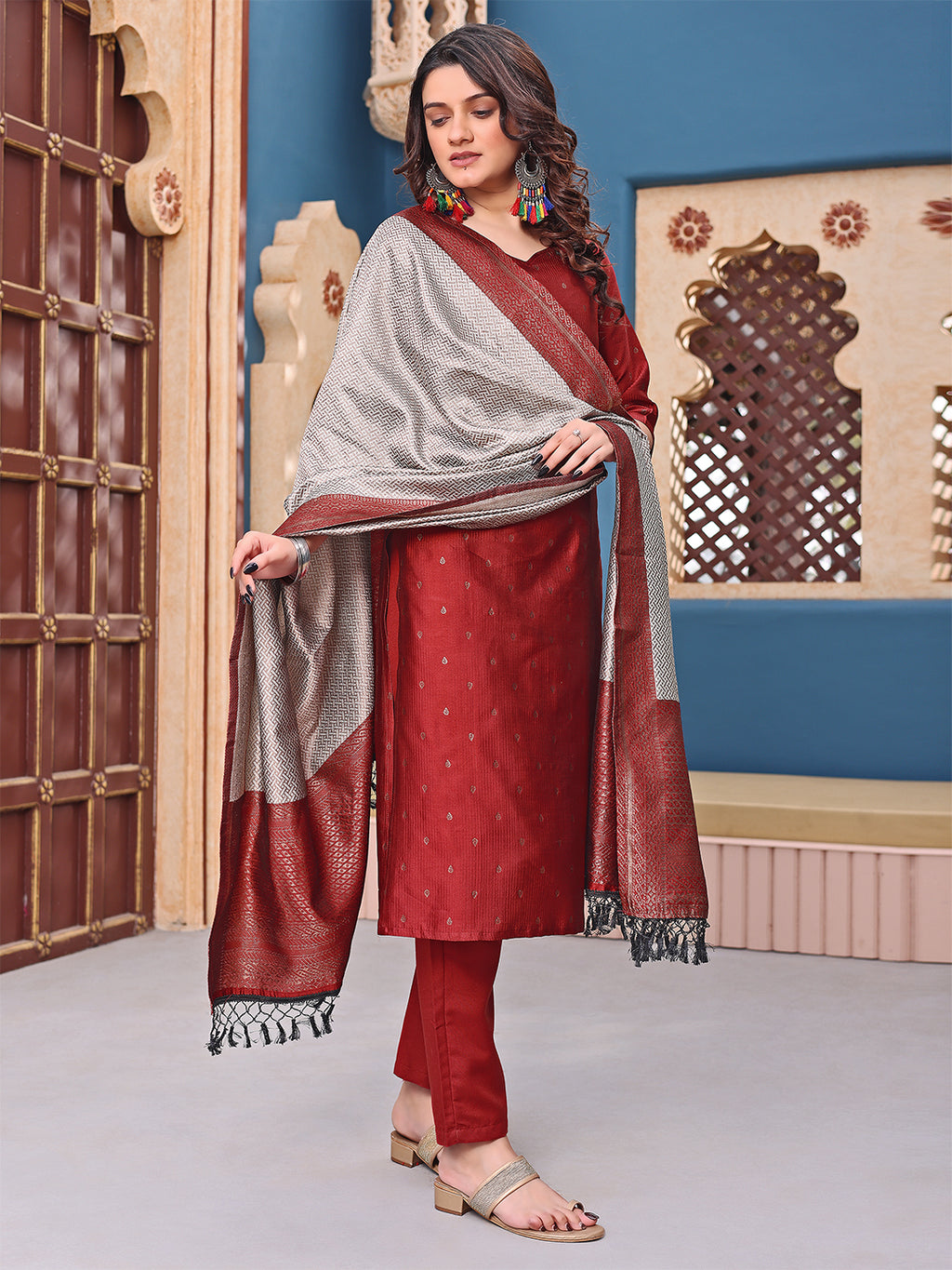 Maroon Silk Jacquard Woven Kurta Pant Dupatta Set for Women