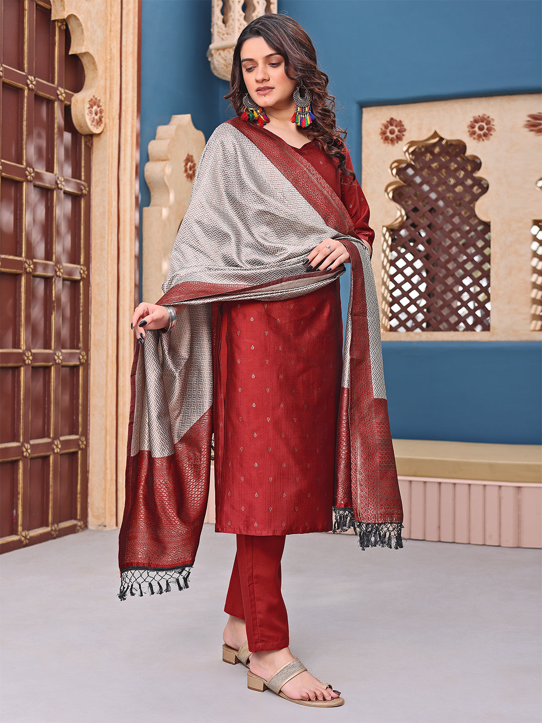 Maroon Silk Jacquard Woven Kurta Pant Dupatta Set for Women