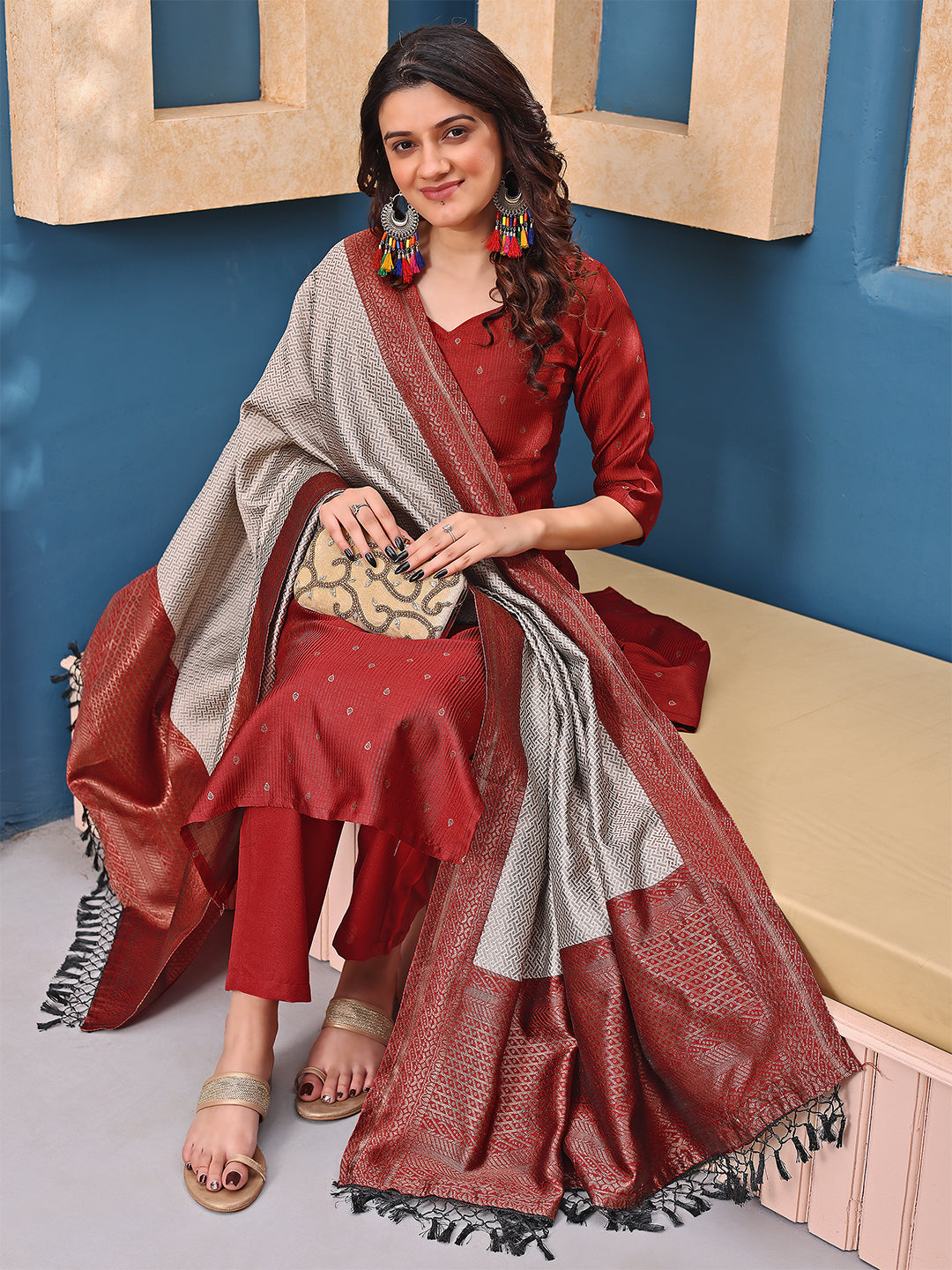Maroon Silk Jacquard Woven Kurta Pant Dupatta Set for Women