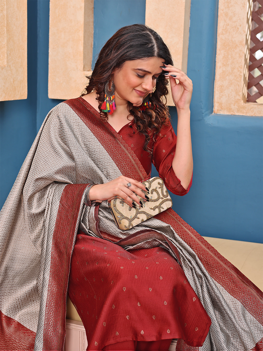 Maroon Silk Jacquard Woven Kurta Pant Dupatta Set for Women