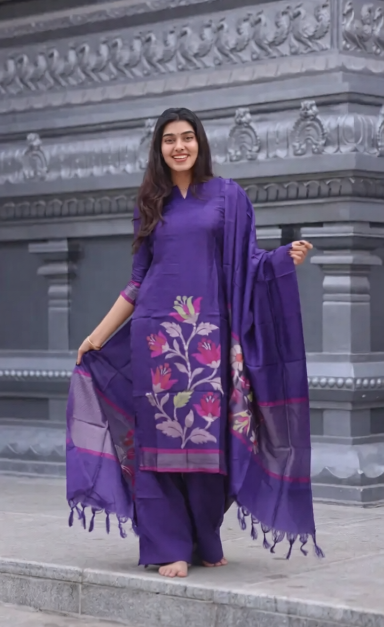 Violet Blended Silk Zari Work Kurti Set