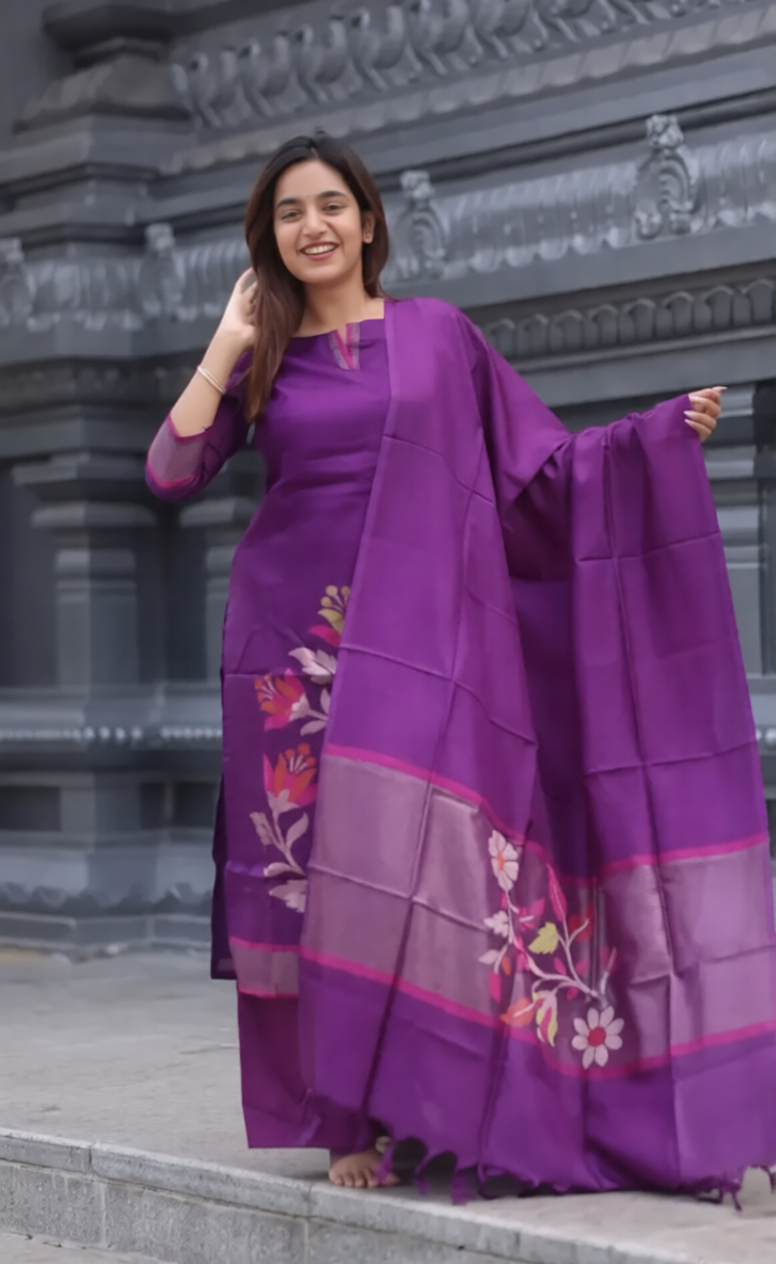 Wine Blended Silk Zari Work Kurti Set
