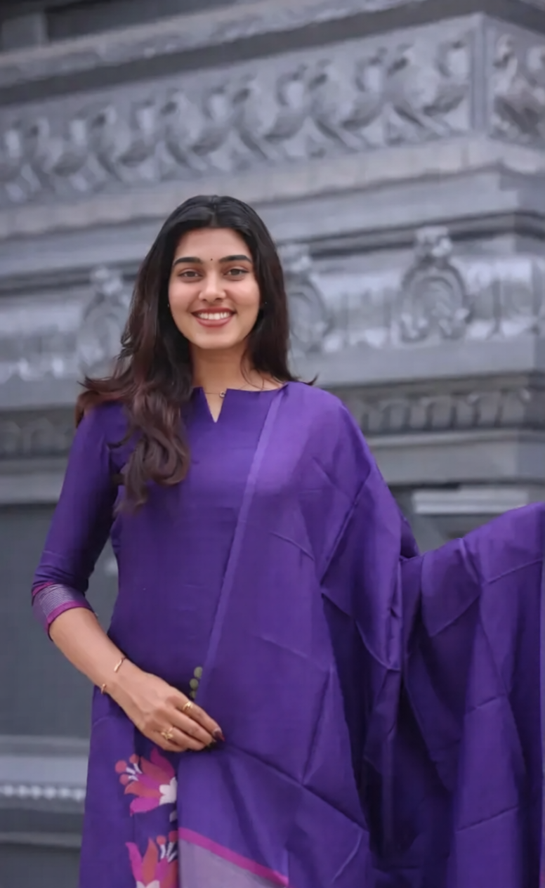 Violet Blended Silk Zari Work Kurti Set