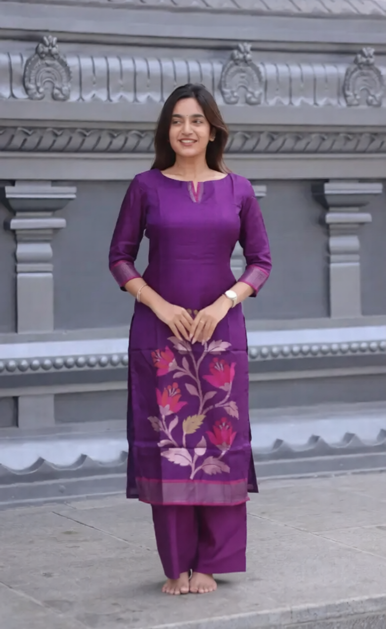Wine Blended Silk Zari Work Kurti Set