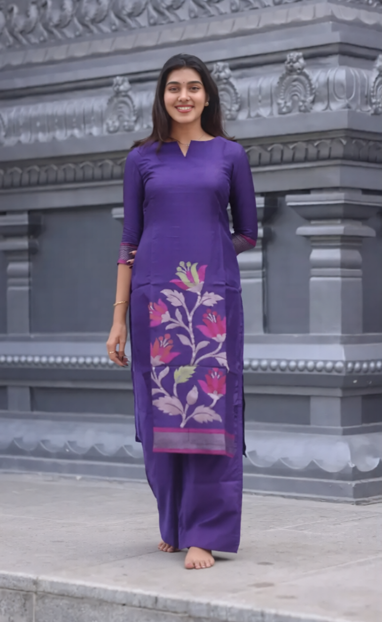Violet Blended Silk Zari Work Kurti Set