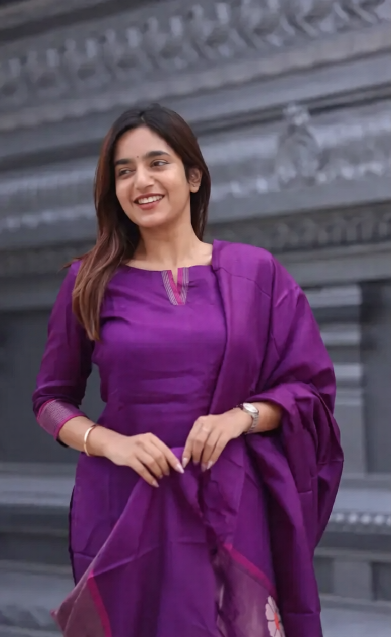 Wine Blended Silk Zari Work Kurti Set