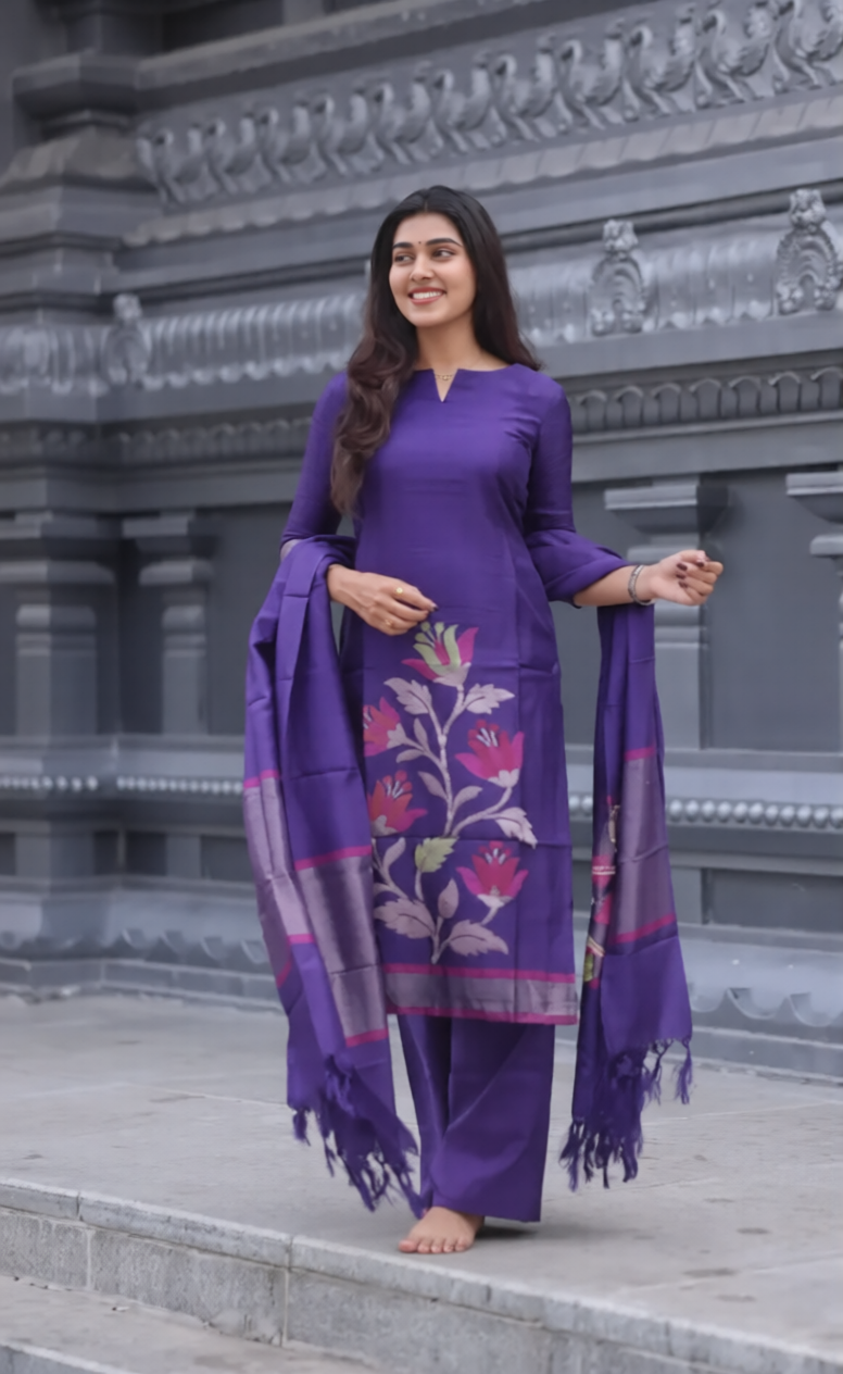 Violet Blended Silk Zari Work Kurti Set