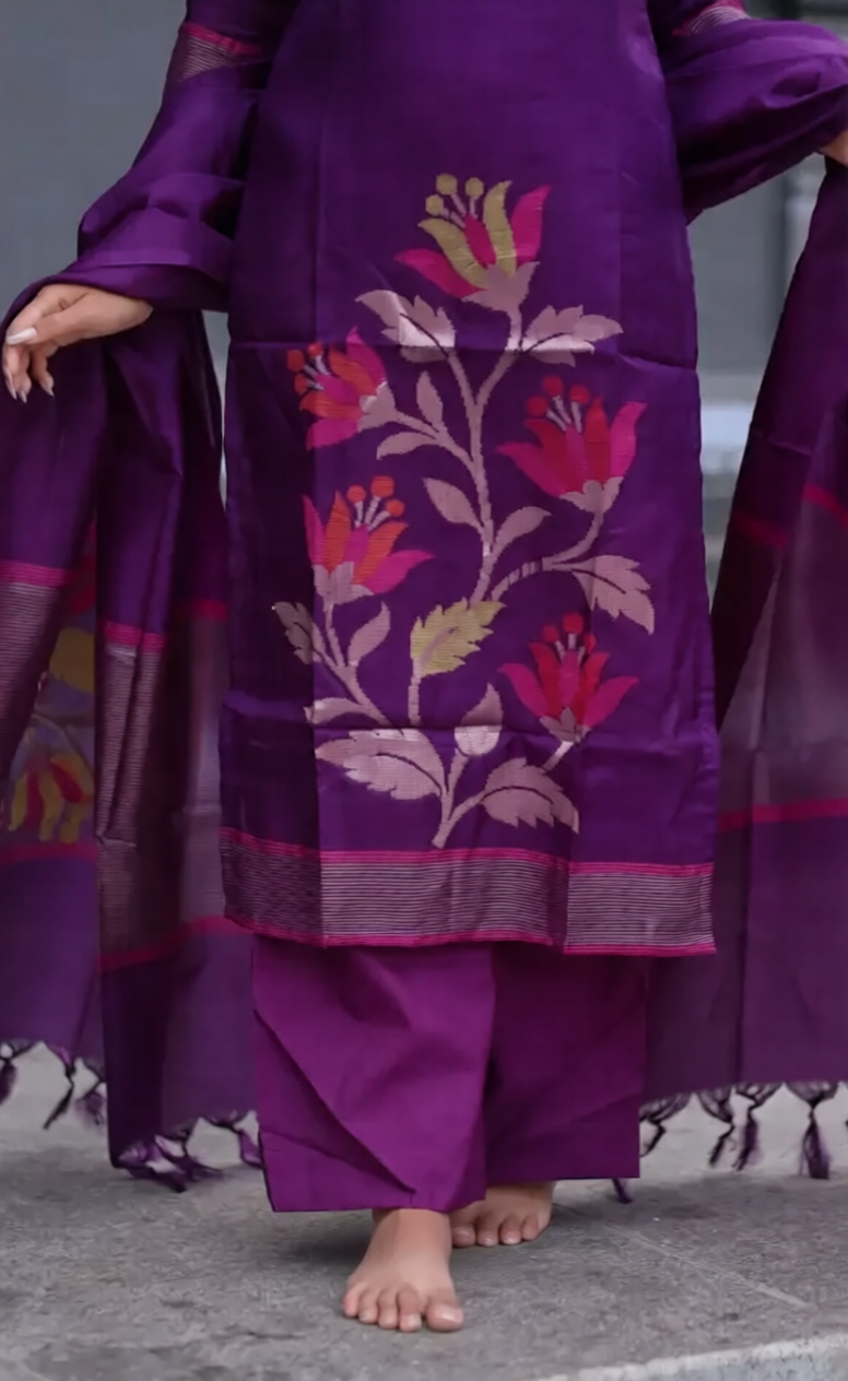 Wine Blended Silk Zari Work Kurti Set