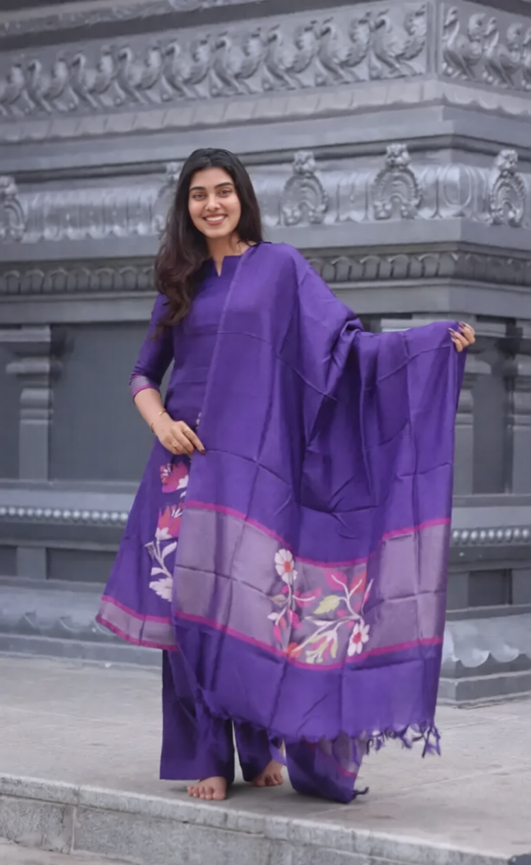 Violet Blended Silk Zari Work Kurti Set