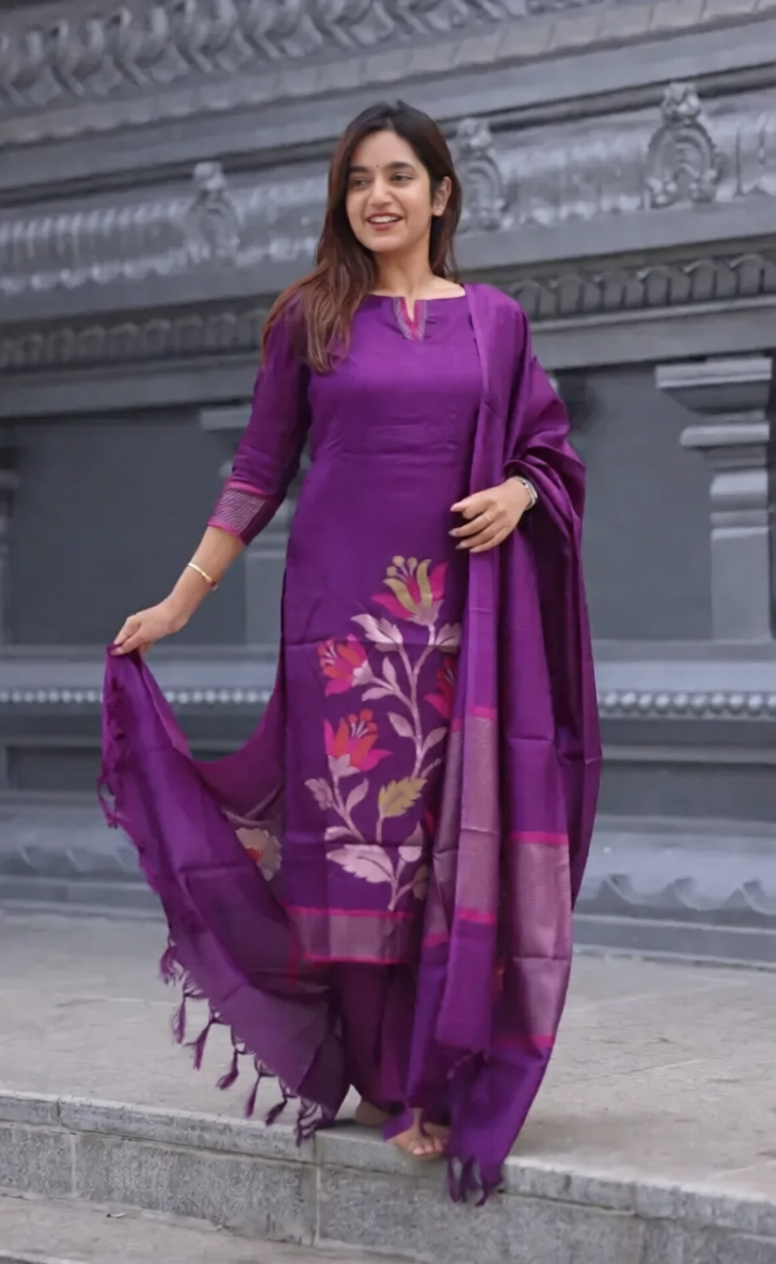 Wine Blended Silk Zari Work Kurti Set