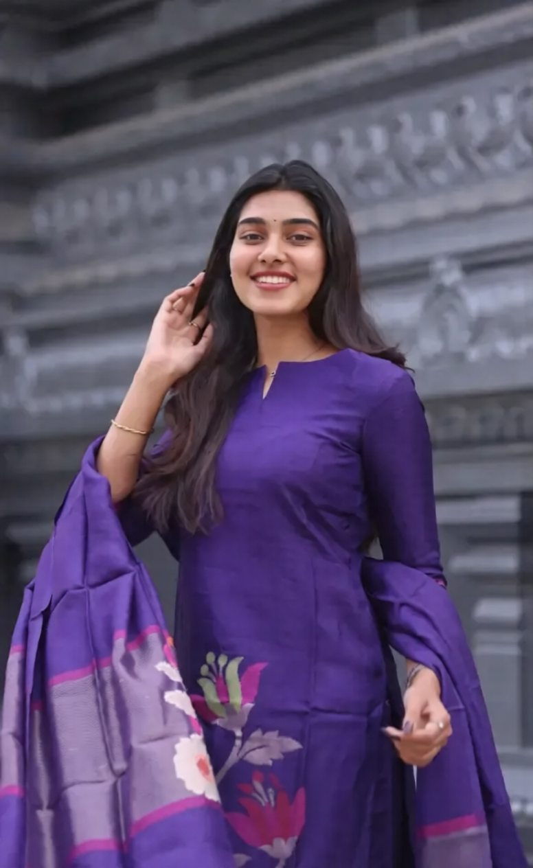 Violet Blended Silk Zari Work Kurti Set