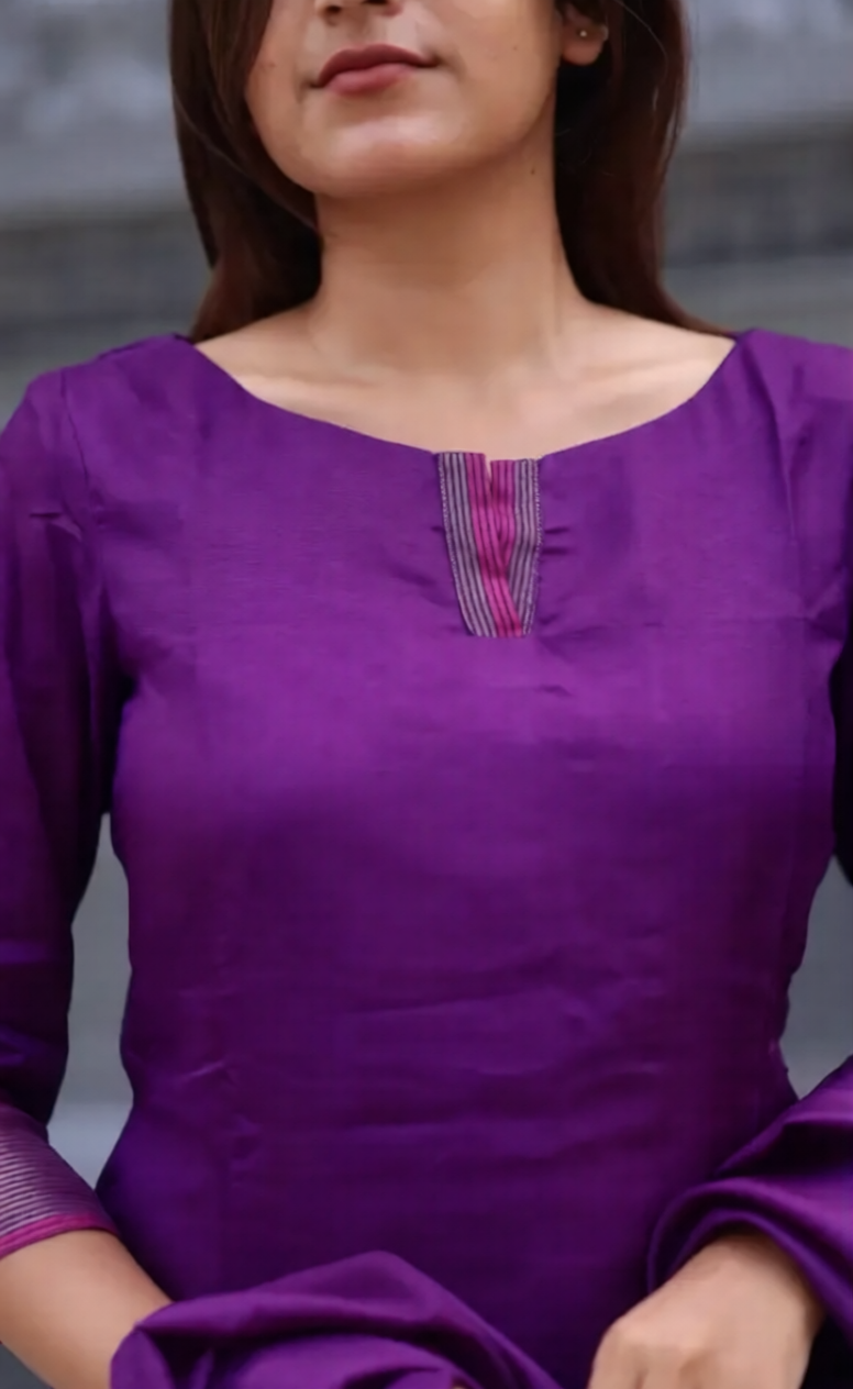 Wine Blended Silk Zari Work Kurti Set