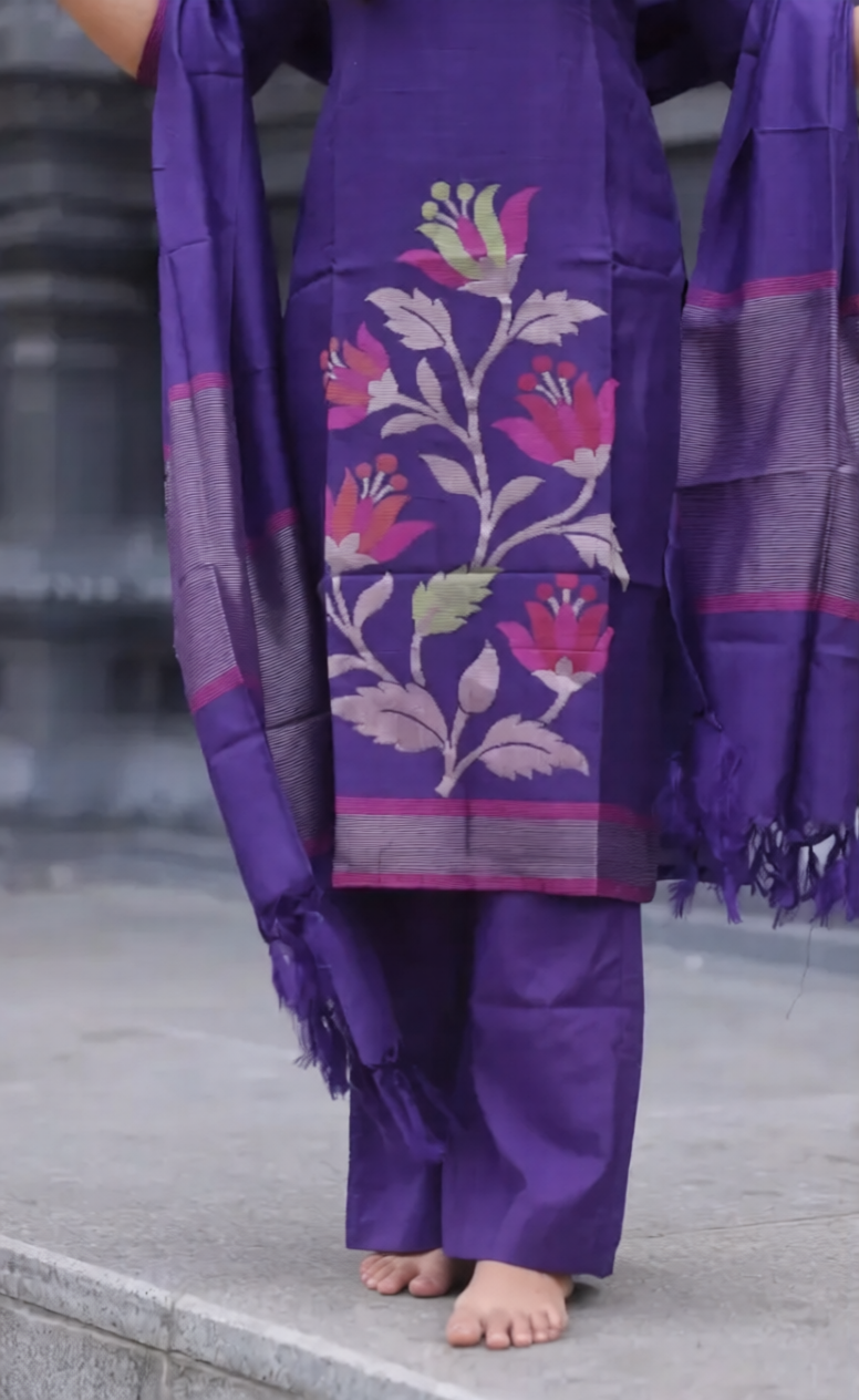 Violet Blended Silk Zari Work Kurti Set