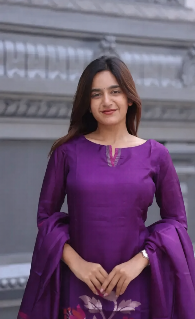 Wine Blended Silk Zari Work Kurti Set
