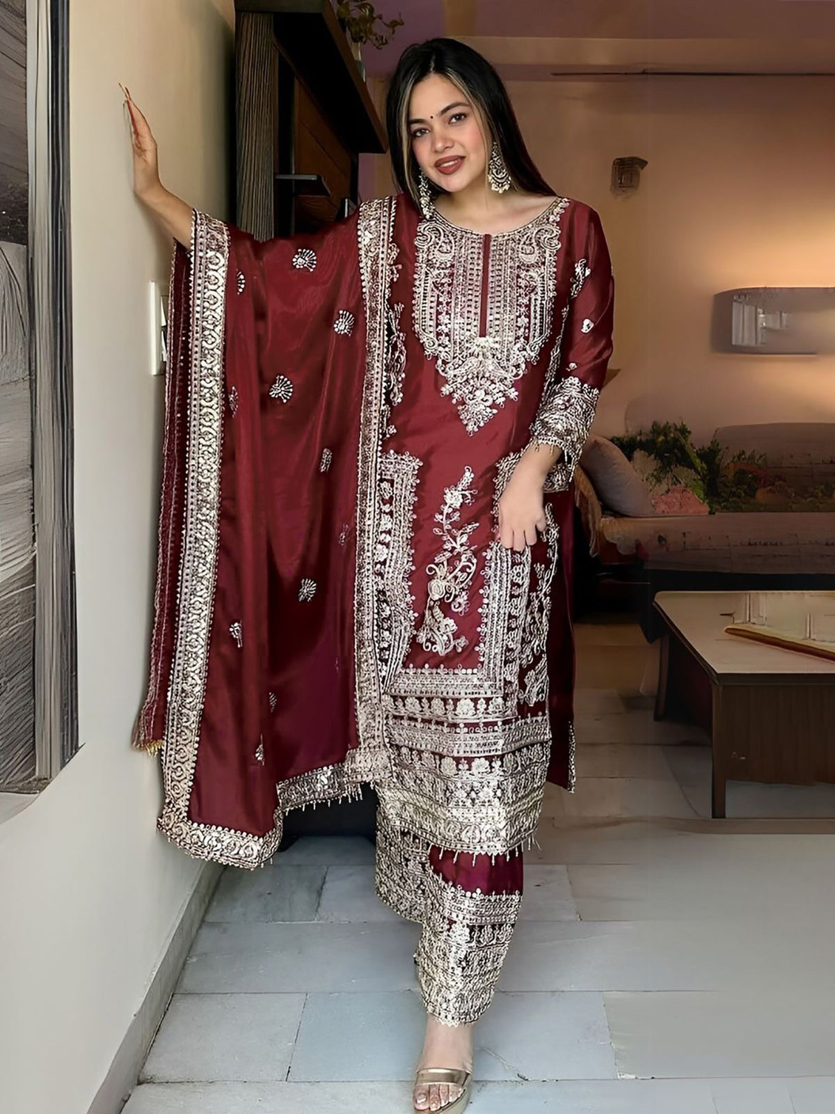 Maroon Embroidered Jalpari Kurta Palazzo Dupatta Set for Women