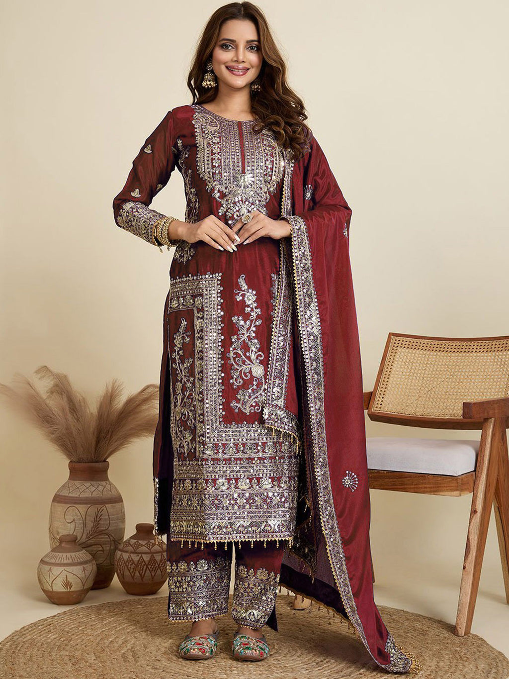 Maroon Embroidered Jalpari Kurta Palazzo Dupatta Set for Women