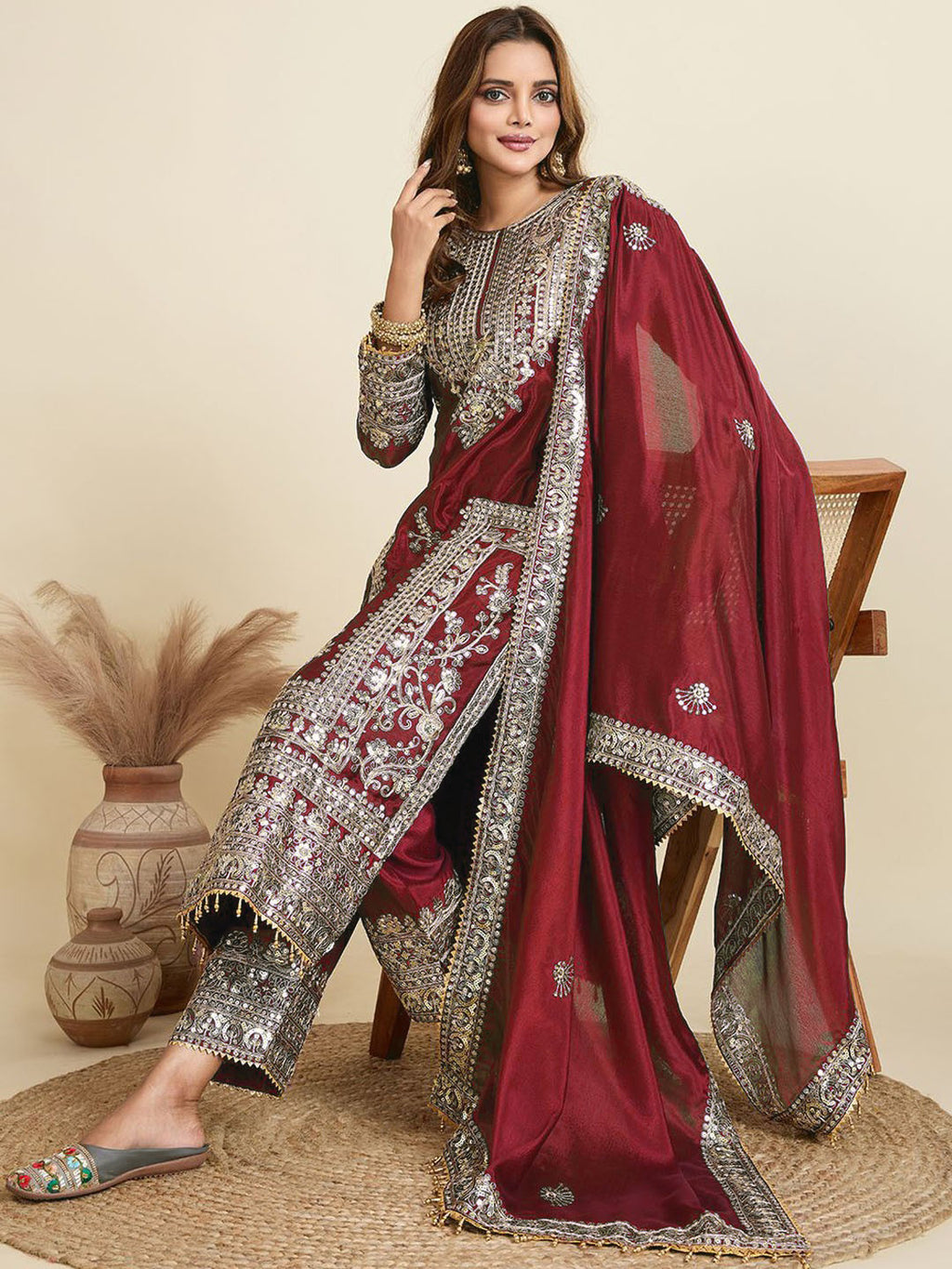 Maroon Embroidered Jalpari Kurta Palazzo Dupatta Set for Women