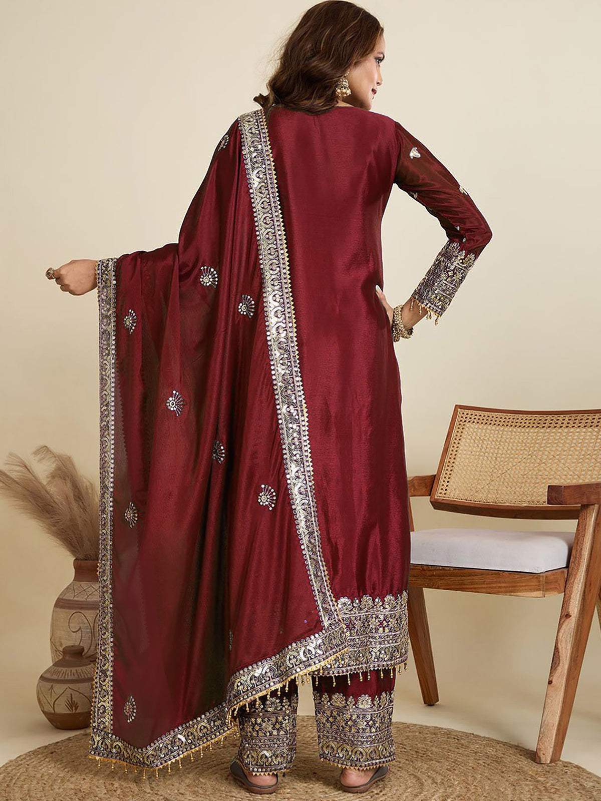 Maroon Embroidered Jalpari Kurta Palazzo Dupatta Set for Women