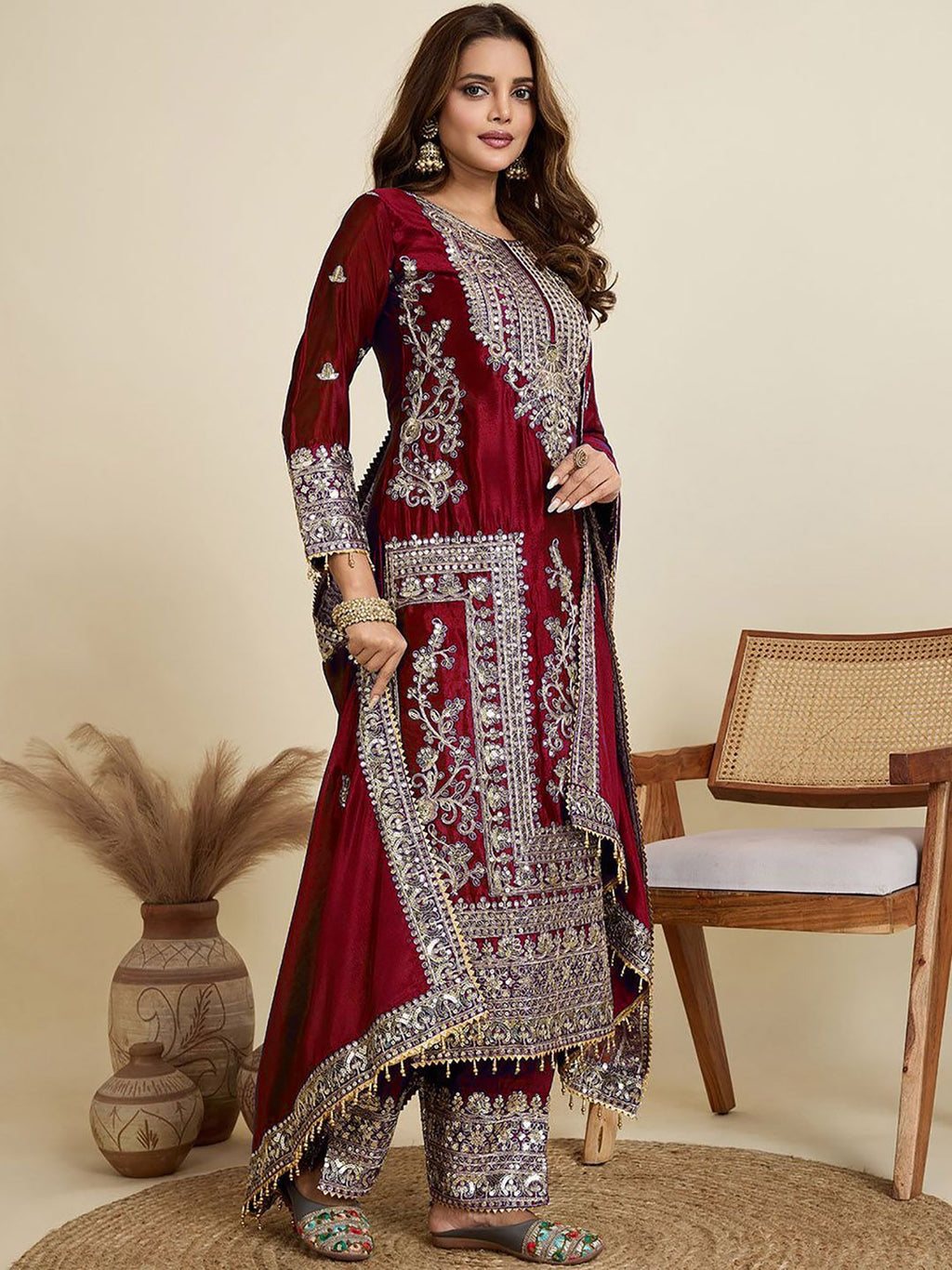 Maroon Embroidered Jalpari Kurta Palazzo Dupatta Set for Women