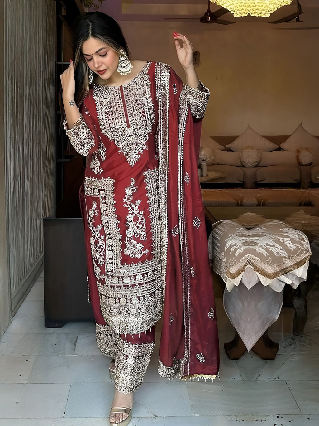Maroon Embroidered Jalpari Kurta Palazzo Dupatta Set for Women