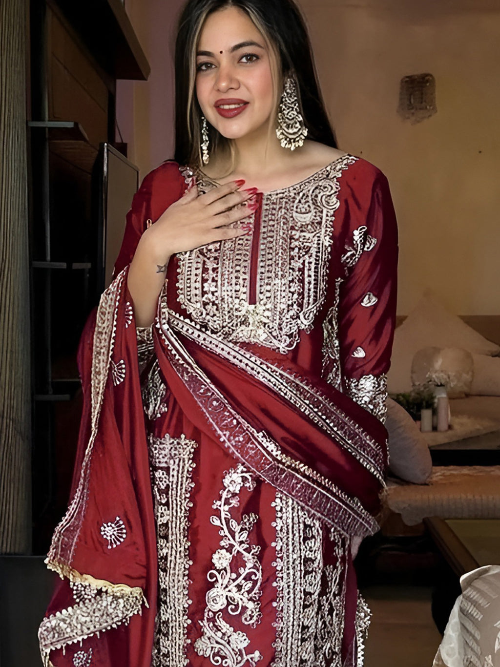 Maroon Embroidered Jalpari Kurta Palazzo Dupatta Set for Women
