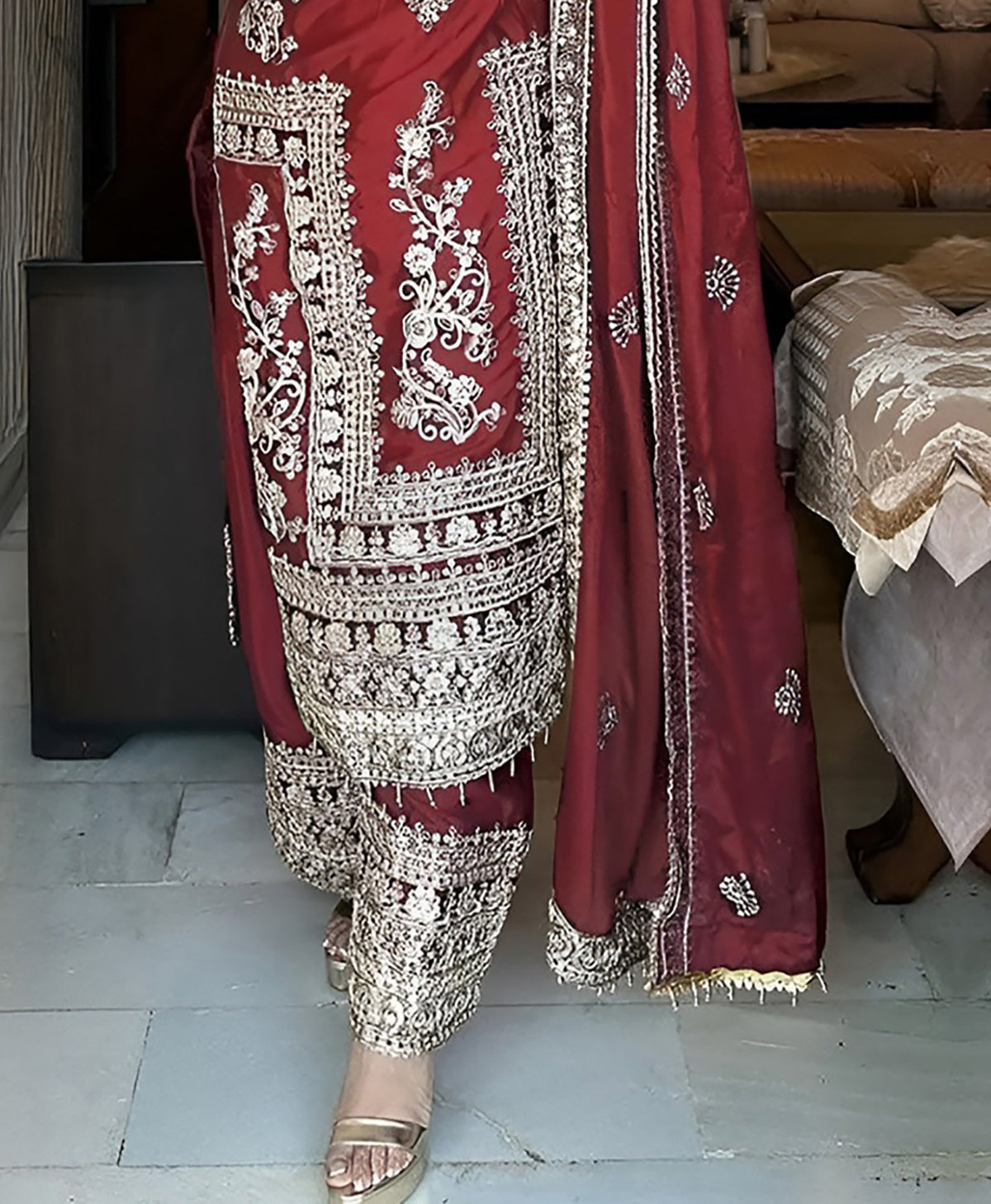 Maroon Embroidered Jalpari Kurta Palazzo Dupatta Set for Women