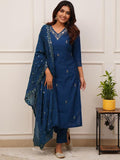 Cerulean Blue Embroidered Tesla Kurta Set with Vichitra Dupatt