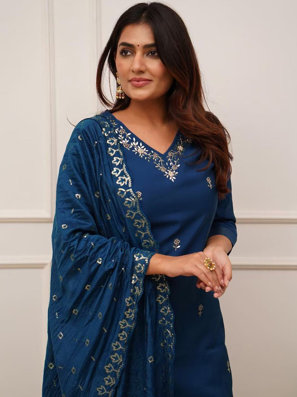 Cerulean Blue Embroidered Tesla Kurta Set with Vichitra Dupatt