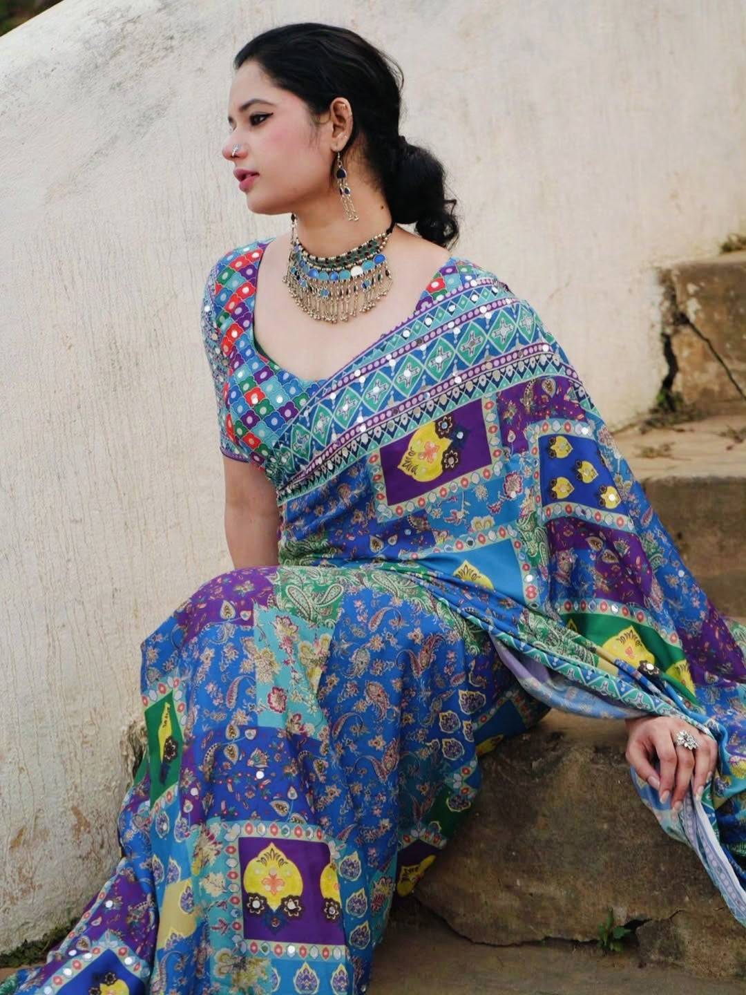 Multi Mirror Chinnon Silk Saree