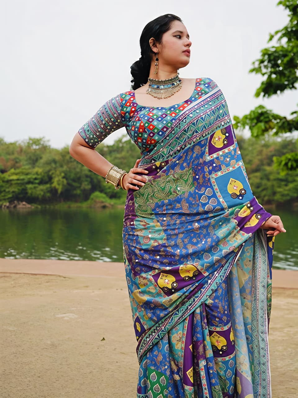 Multi Mirror Chinnon Silk Saree