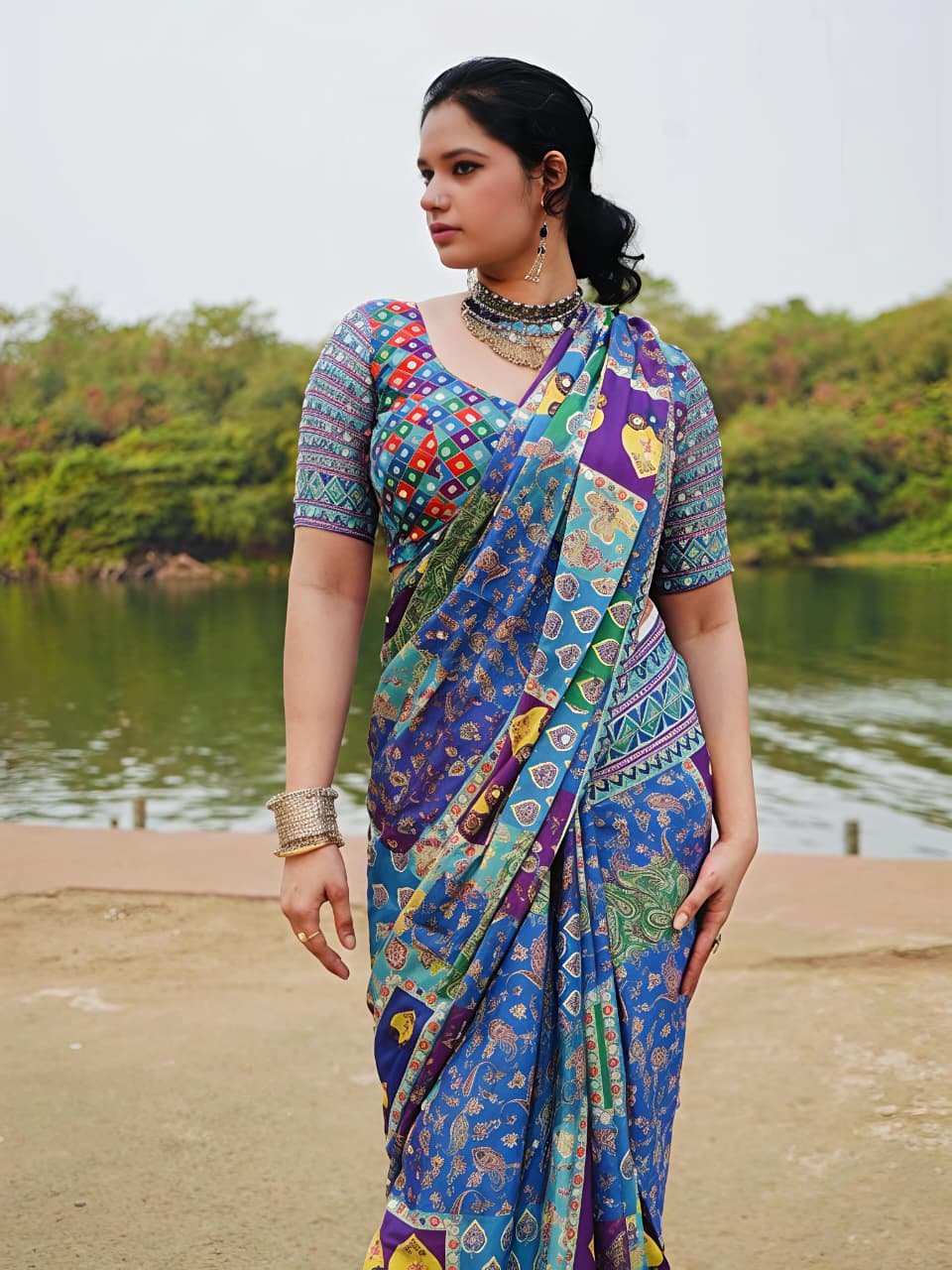 Multi Mirror Chinnon Silk Saree