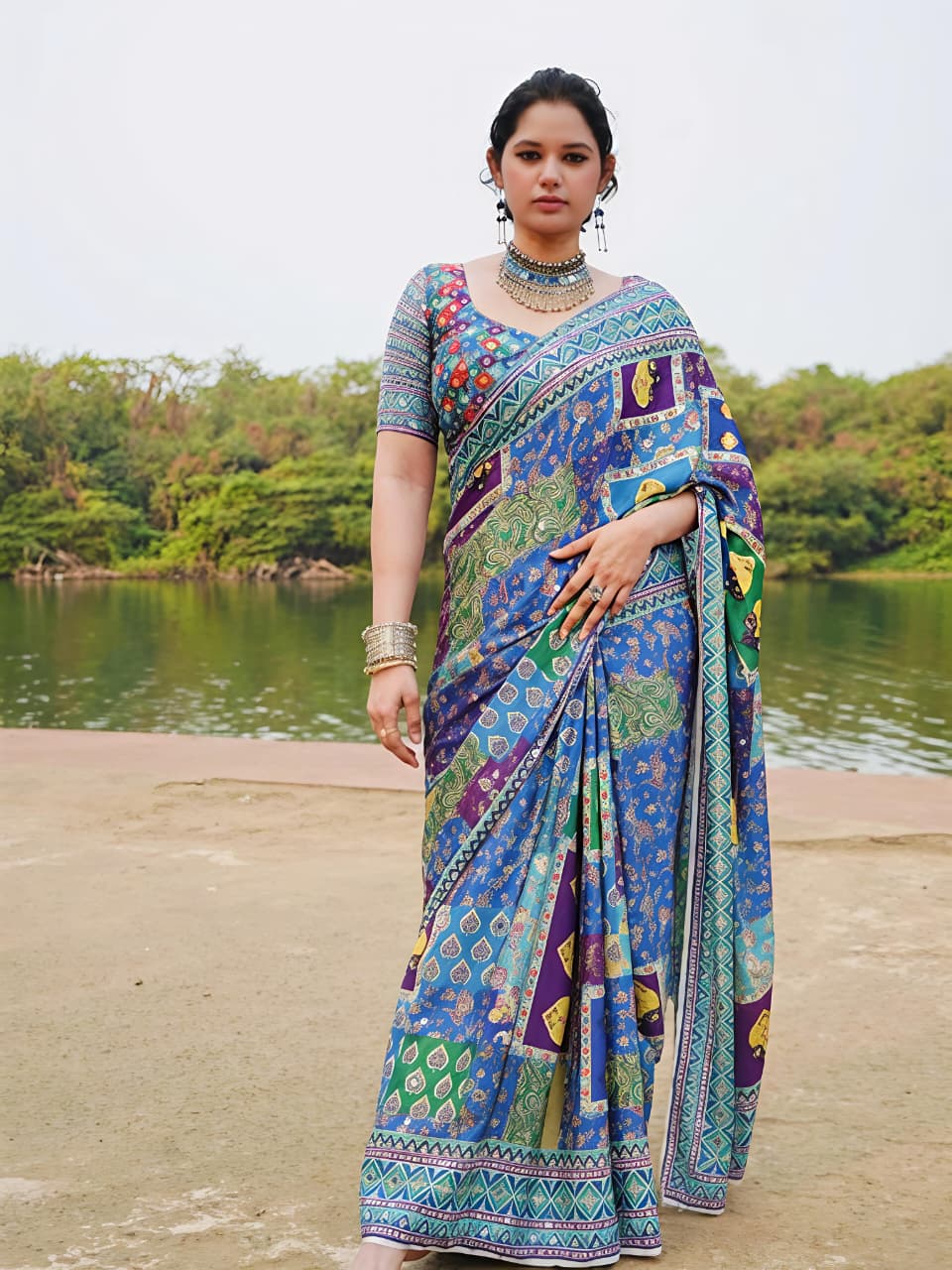 Multi Mirror Chinnon Silk Saree