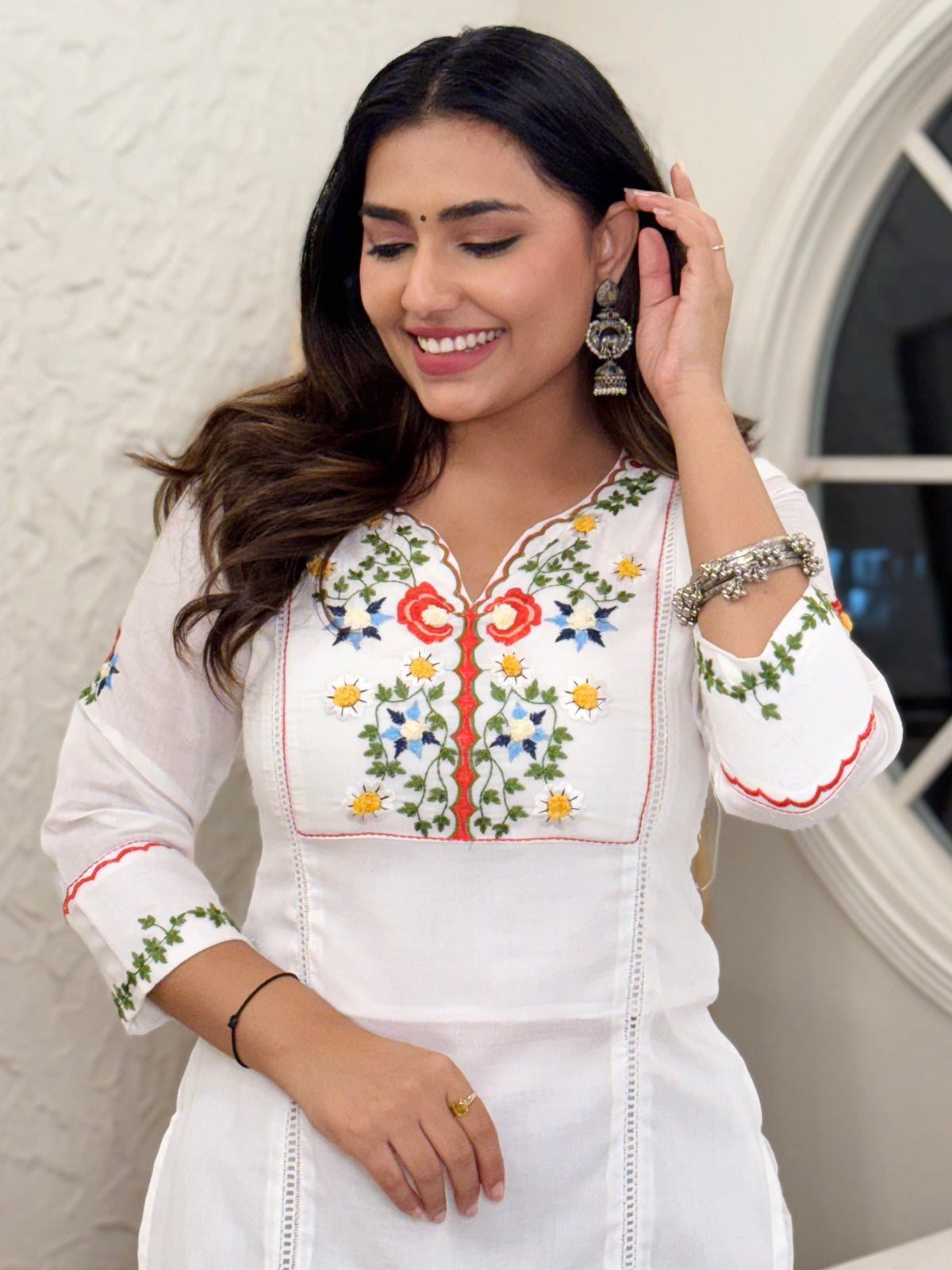 Premium Cotton Embroidered & Khatli Hand Work Kurti Set