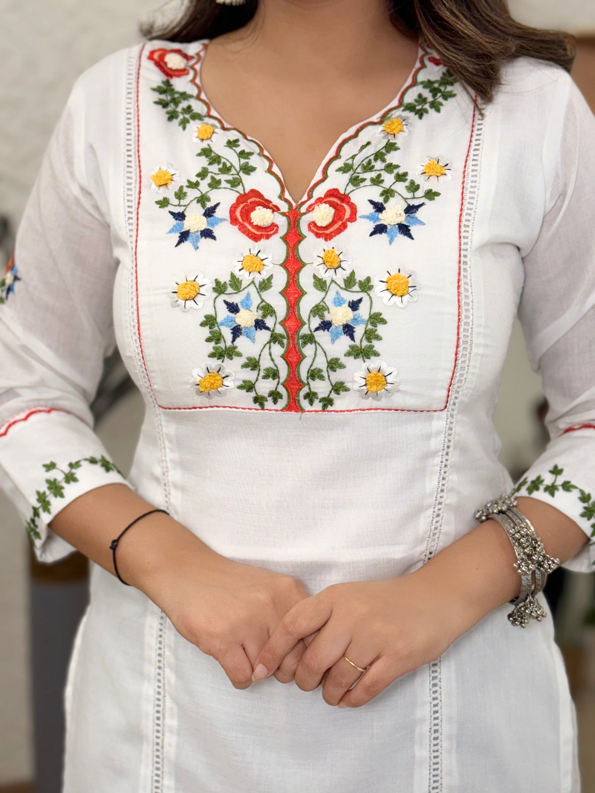 Premium Cotton Embroidered & Khatli Hand Work Kurti Set