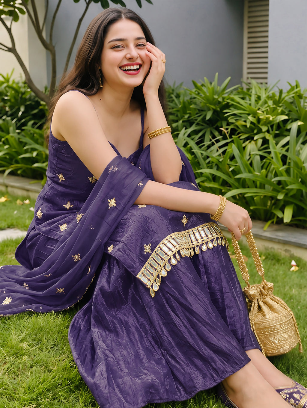 Purple Fendy Silk Sharara Plazo Set with Mirror Work Dupatta