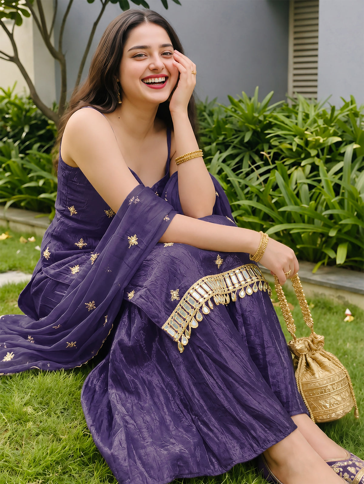Purple Fendy Silk Sharara Plazo Set with Mirror Work Dupatta