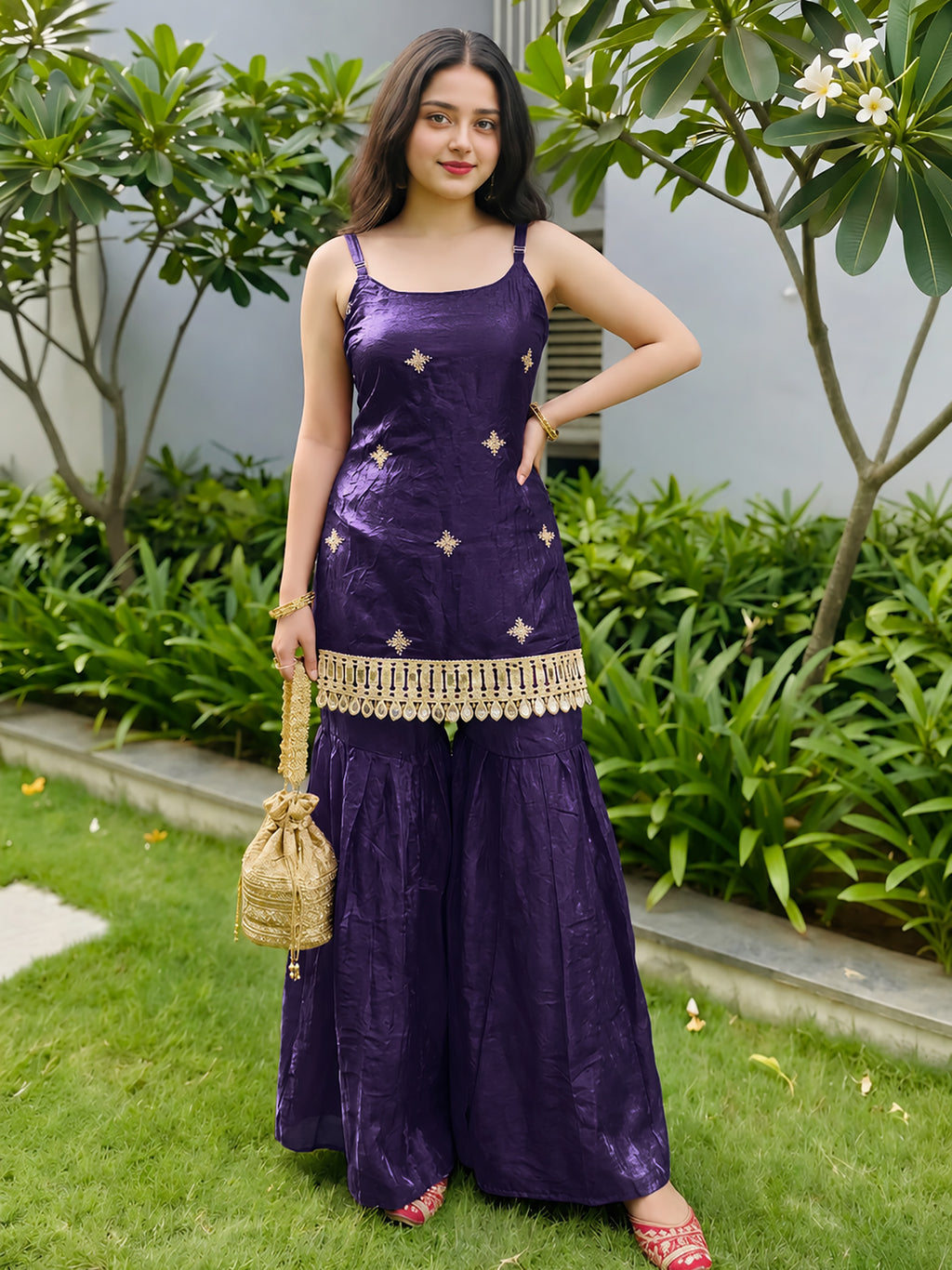 Purple Fendy Silk Sharara Plazo Set with Mirror Work Dupatta
