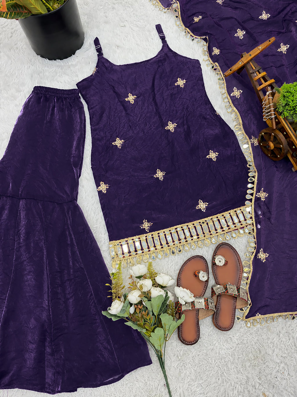 Purple Fendy Silk Sharara Plazo Set with Mirror Work Dupatta