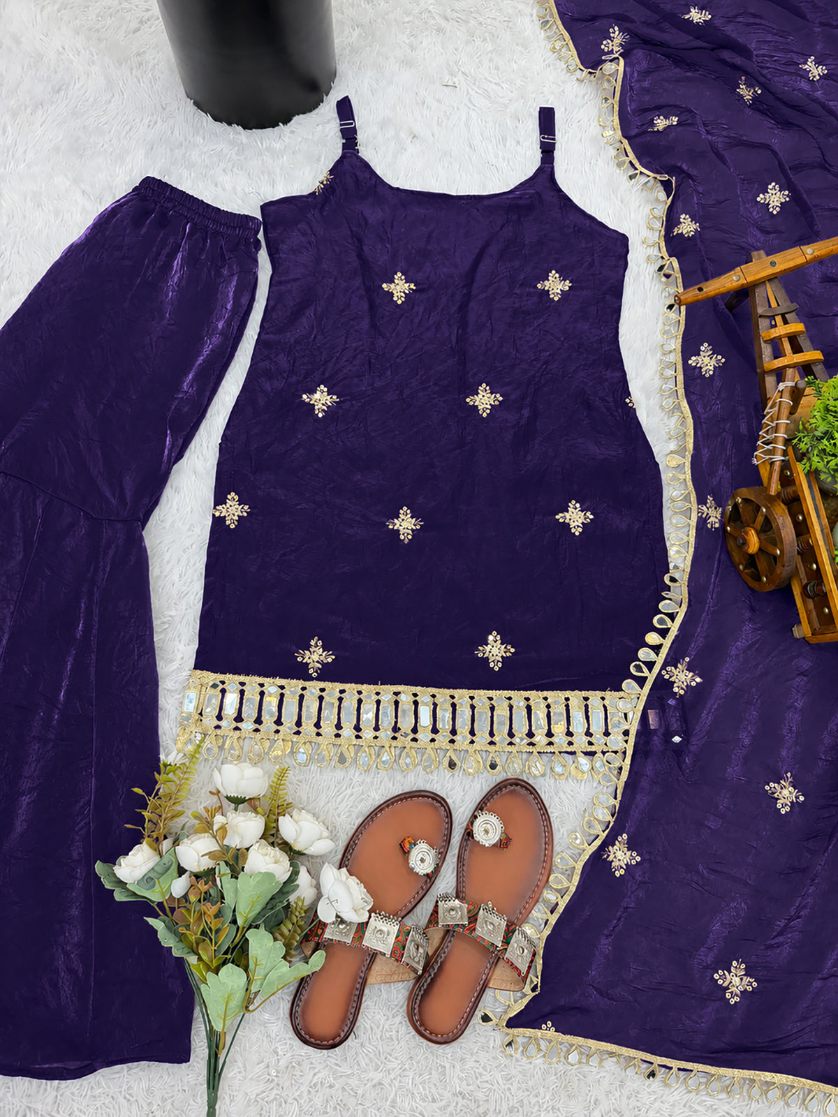 Purple Fendy Silk Sharara Plazo Set with Mirror Work Dupatta