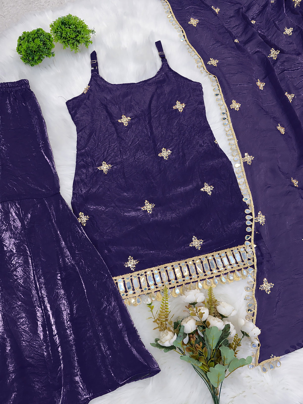 Purple Fendy Silk Sharara Plazo Set with Mirror Work Dupatta