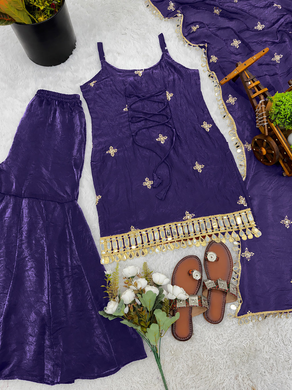Purple Fendy Silk Sharara Plazo Set with Mirror Work Dupatta