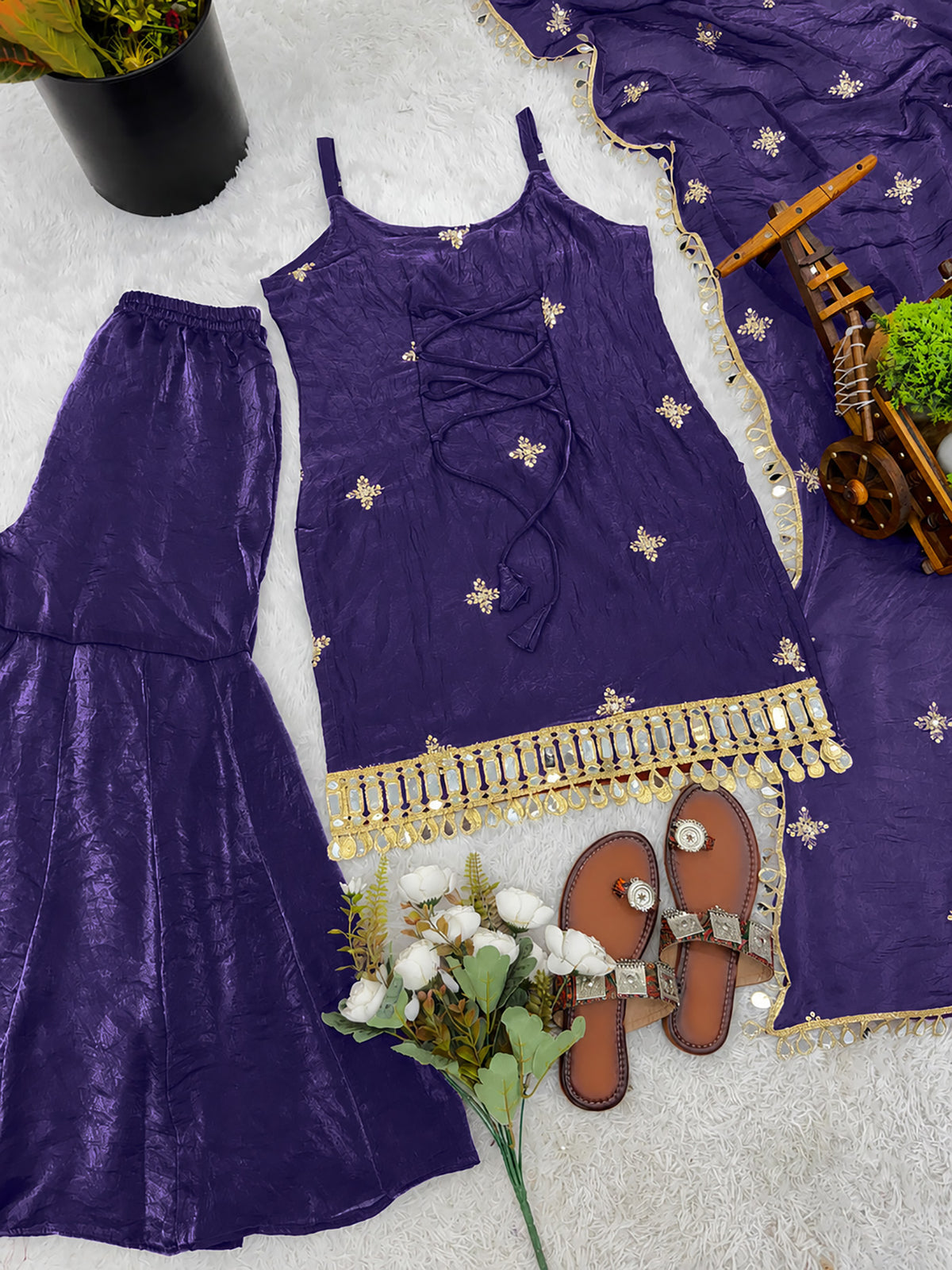 Purple Fendy Silk Sharara Plazo Set with Mirror Work Dupatta